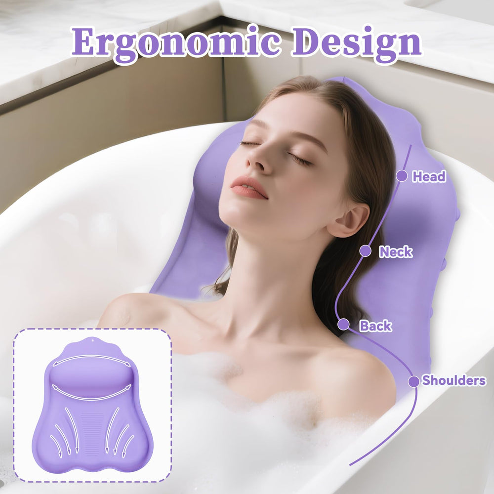 Jalopink bath pillow provides ergonomic head and neck support while soaking