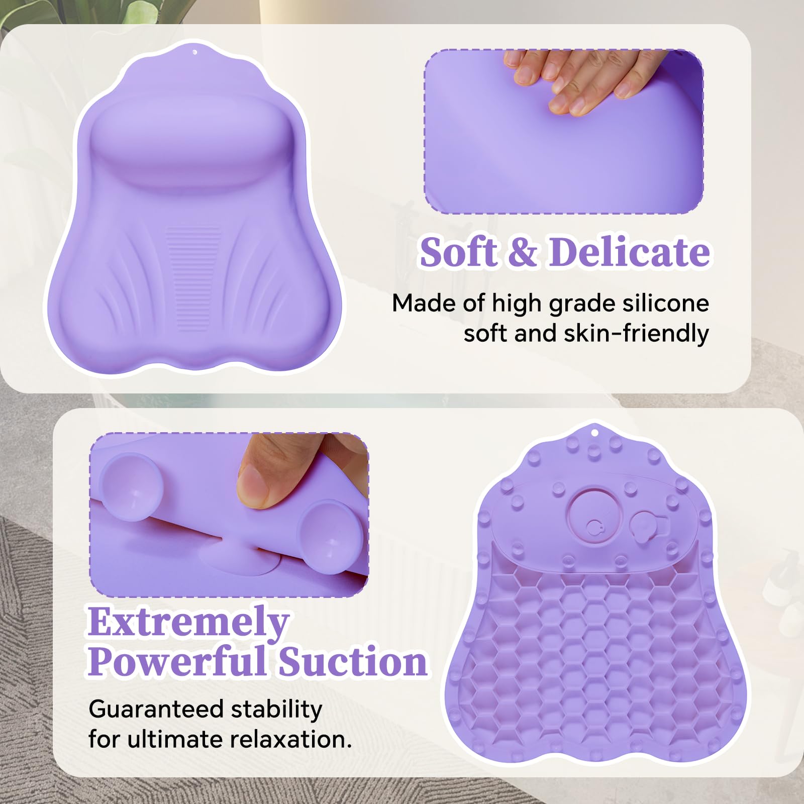 Jalopink tub pillow's strong suction cups stay secure on smooth tub surfaces