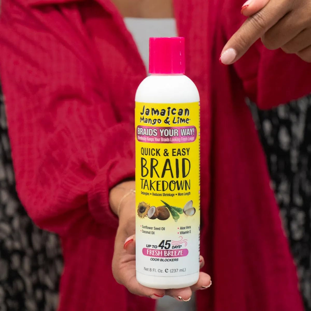 Jamaican Mango & Lime Braids Your Way helps loosen residue for cleaner hair after takedown.