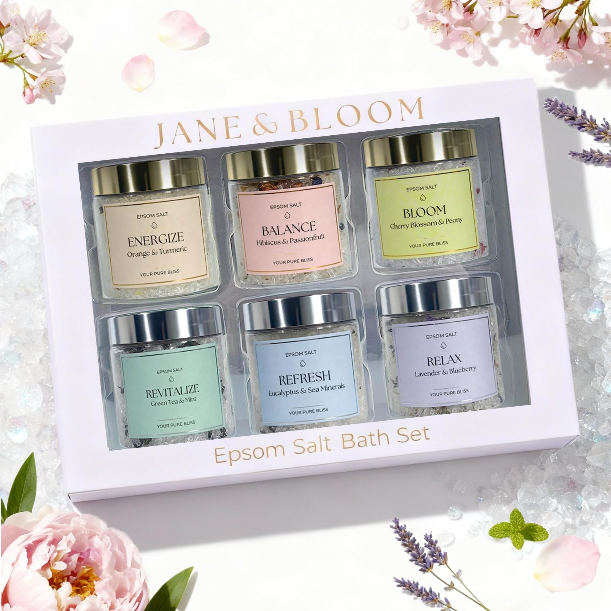 Jane & Bloom Epsom Salt Bath Set with six blends for a spa-like ritual