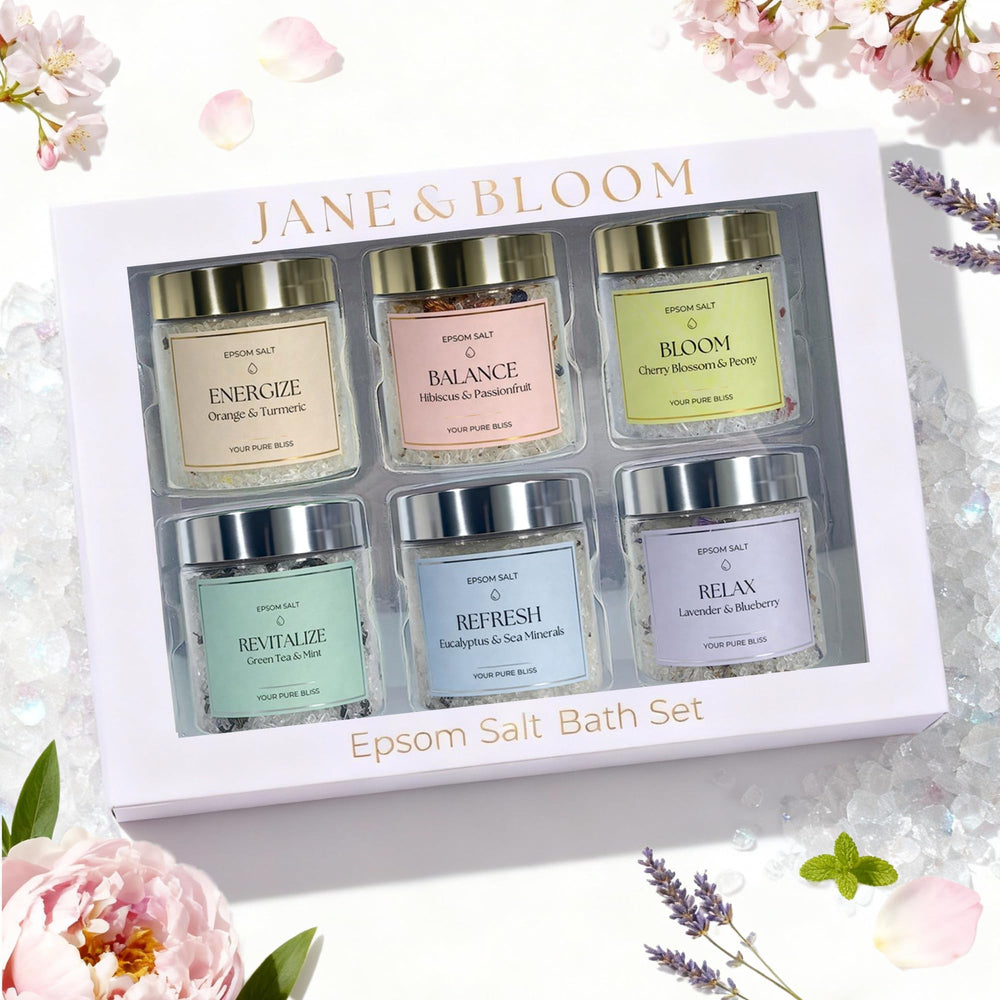 Jane & Bloom Epsom Salt Bath Set with six blends for a spa-like ritual