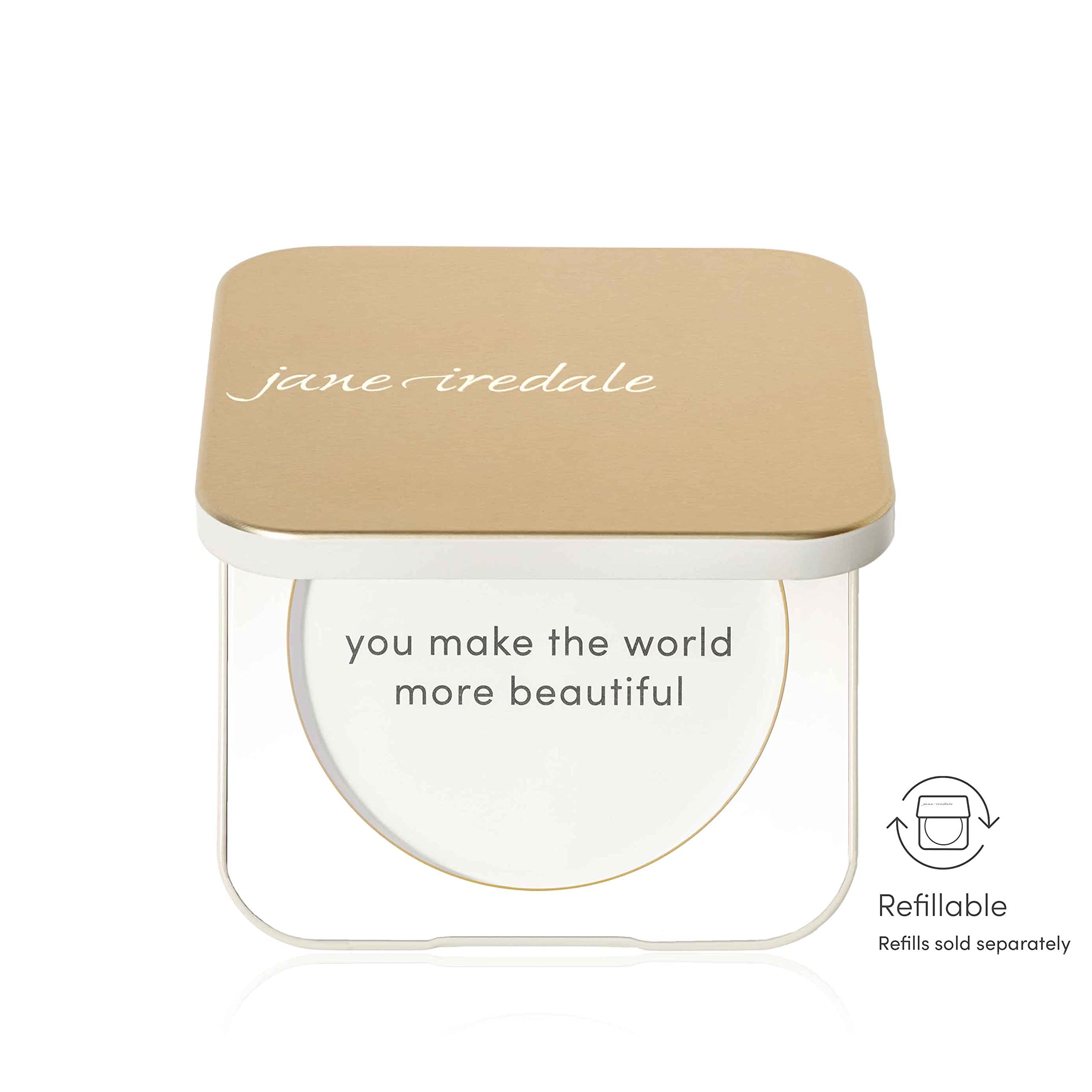 Jane Iredale Gold Refillable Compact magnetic closure protects powder during travel and daily use.