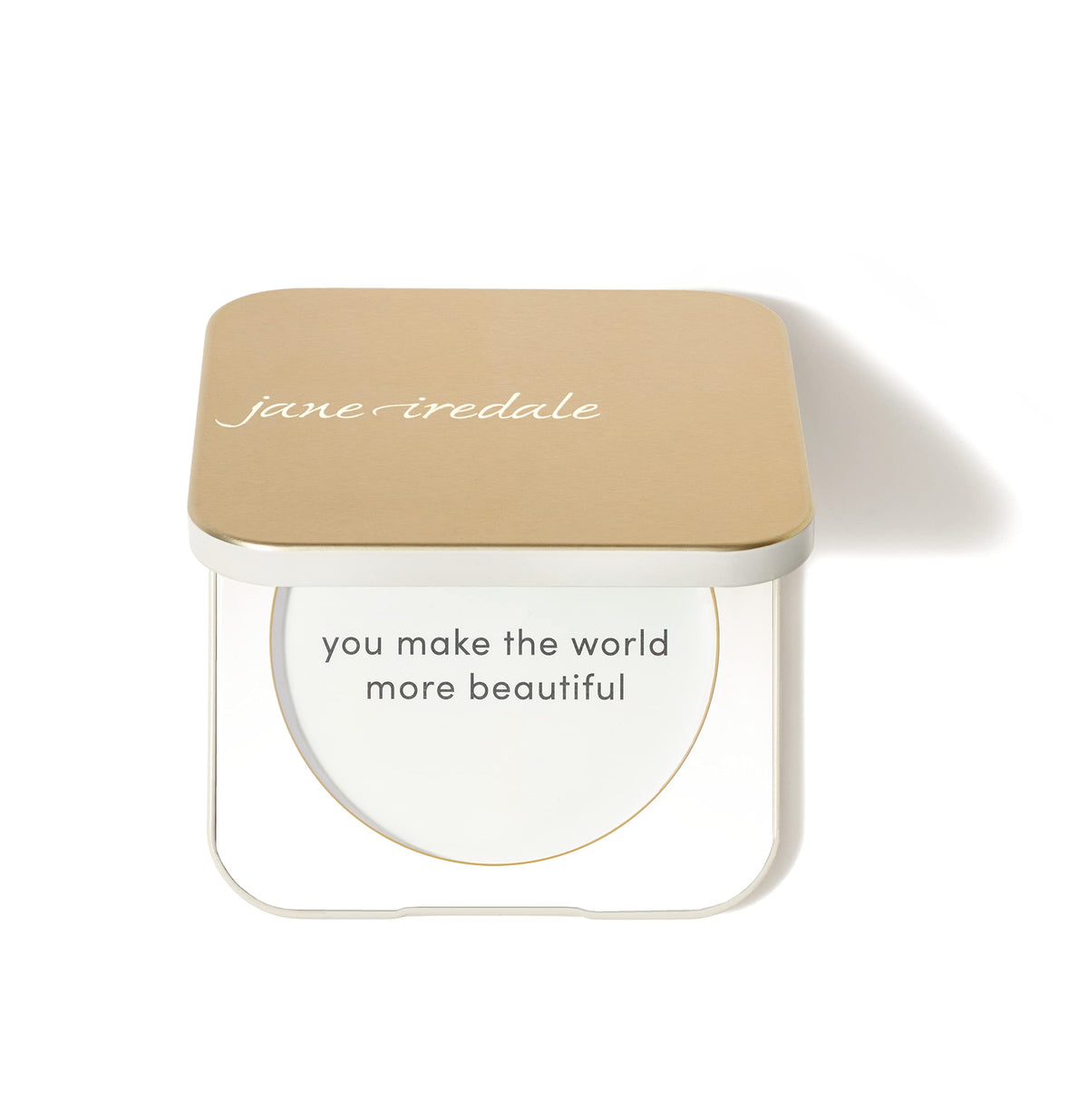 Jane Iredale Gold Refillable Compact open to reveal a generous mirror for on-the-go touch-ups.