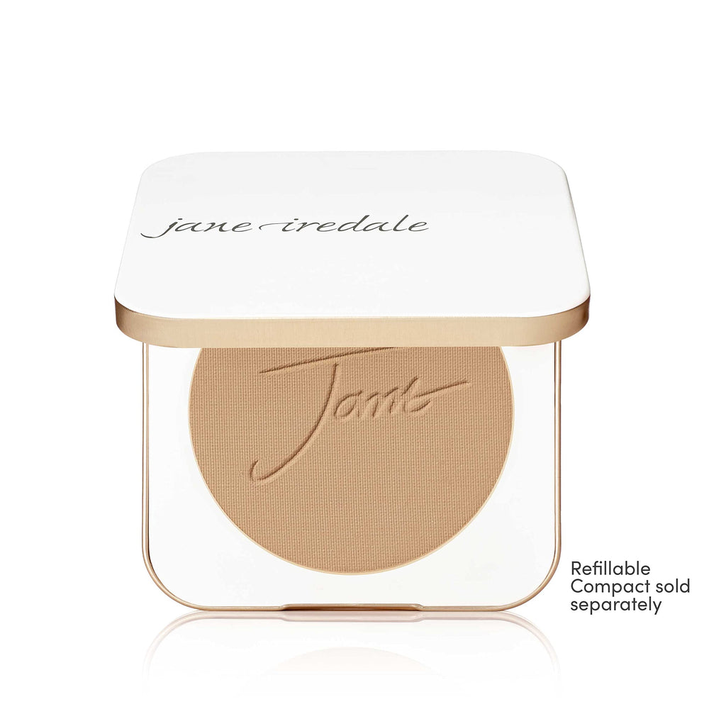 Jane Iredale PurePressed Base Latte close-up texture shows lightweight mineral formula.