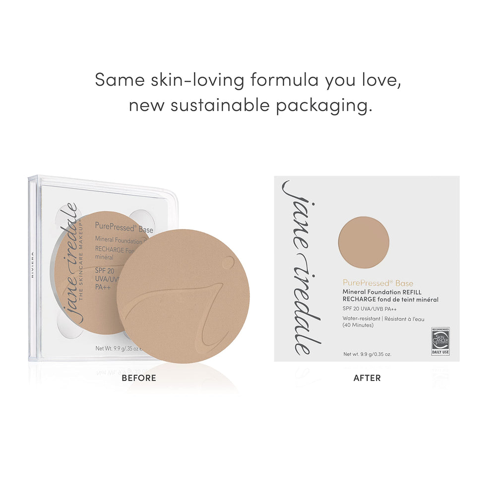 Jane Iredale PurePressed Base Refill Warm Silk compact close-up with refillable design.