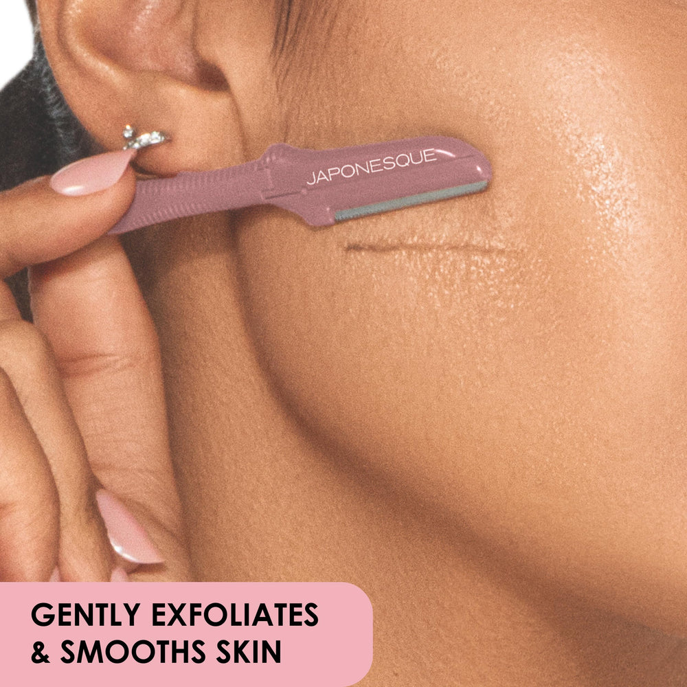 JAPONESQUE Dermaplaner face hair removal usage demonstrates peach fuzz removal for smoother skin.