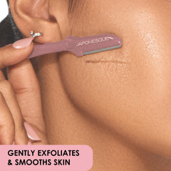 JAPONESQUE Dermaplaner face hair removal usage demonstrates peach fuzz removal for smoother skin.