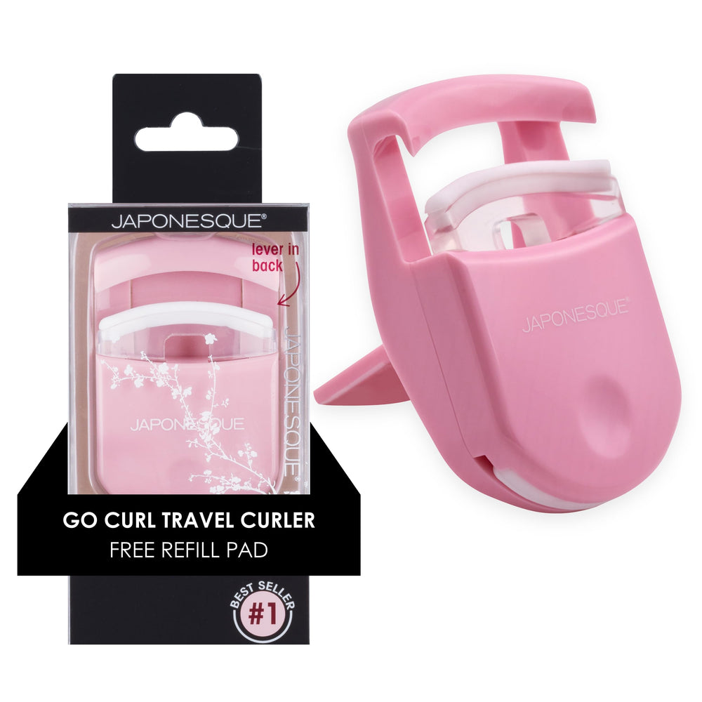 JAPONESQUE Travel Eyelash Curler pink front view offers quick lift on the go