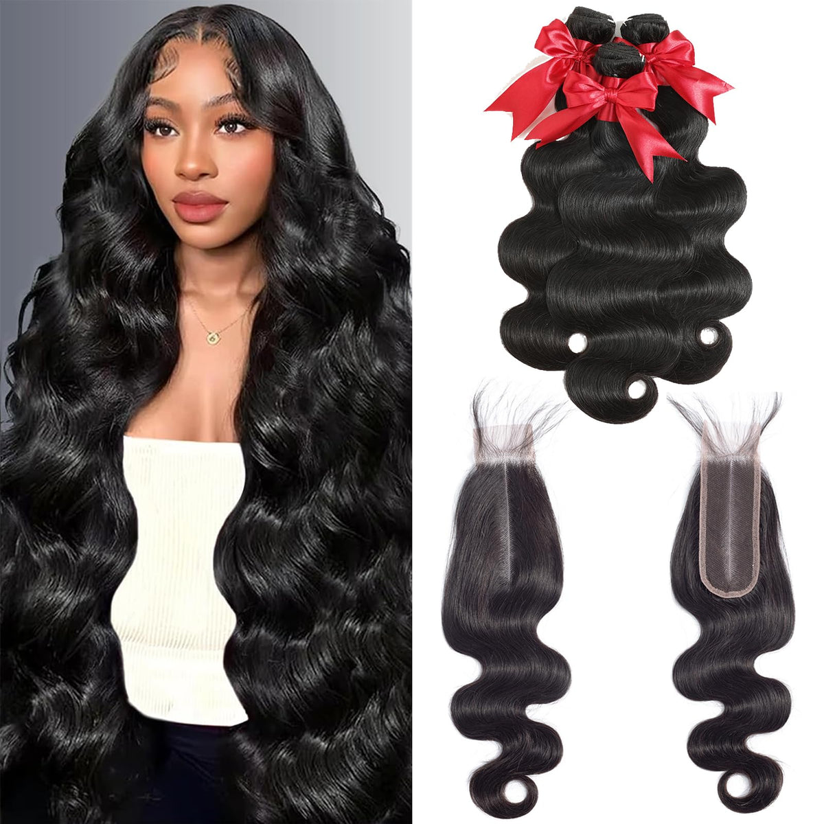 Jarama 12A body wave bundles with closure show natural luster for seamless sew-in results.