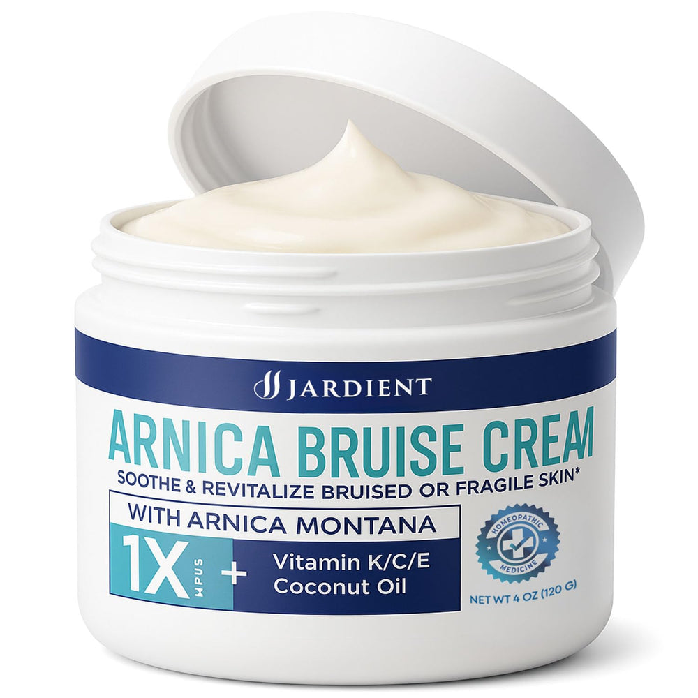 Jardient Arnica Bruise Cream bottle pour for fast absorbing hydration on delicate skin