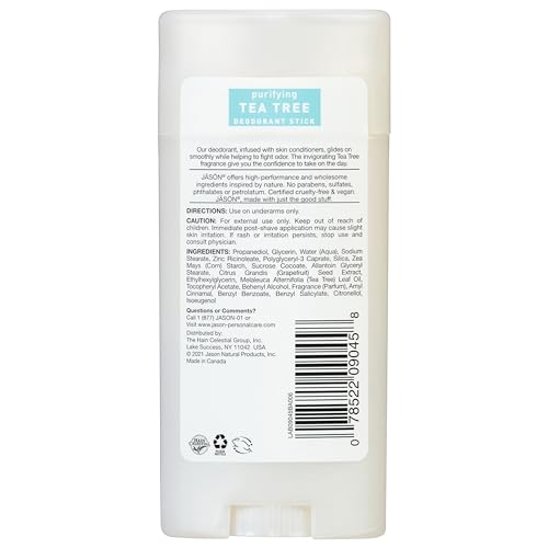 Desodorante Jason sin aluminio con árbol de té; protección duradera.