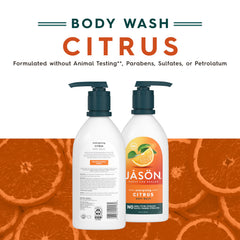 Primer plano del gel de ducha cítrico energizante de JASON para una ducha revitalizante