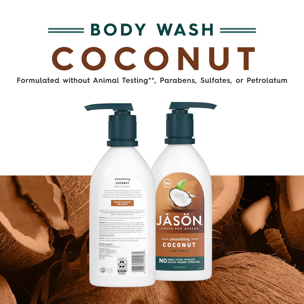 JASON gel limpiador corporal coco suave genera espuma cremosa para experiencia tropical.
