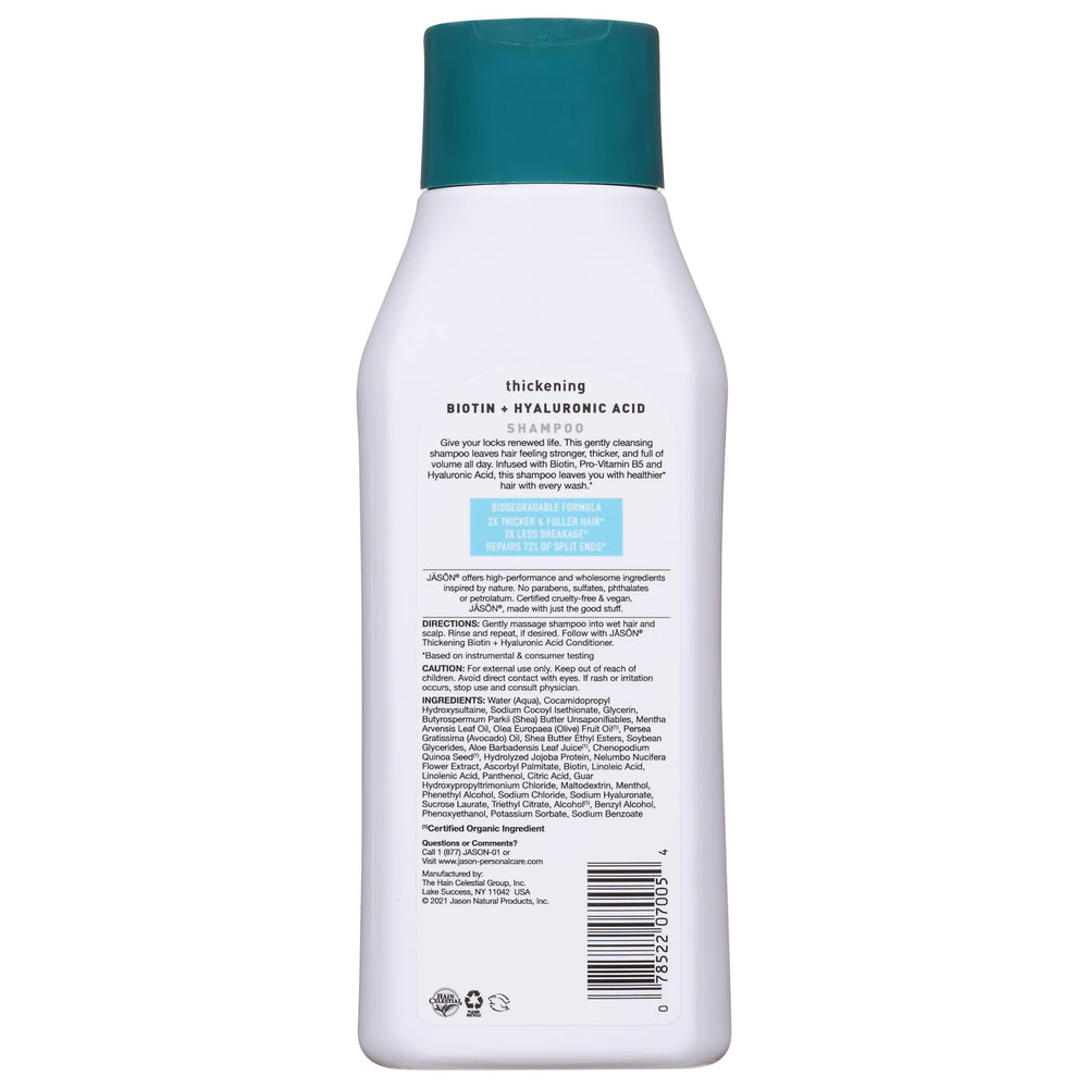 Jason Restorative Biotin Shampoo con extractos de ginseng y lavanda para reparación suave.