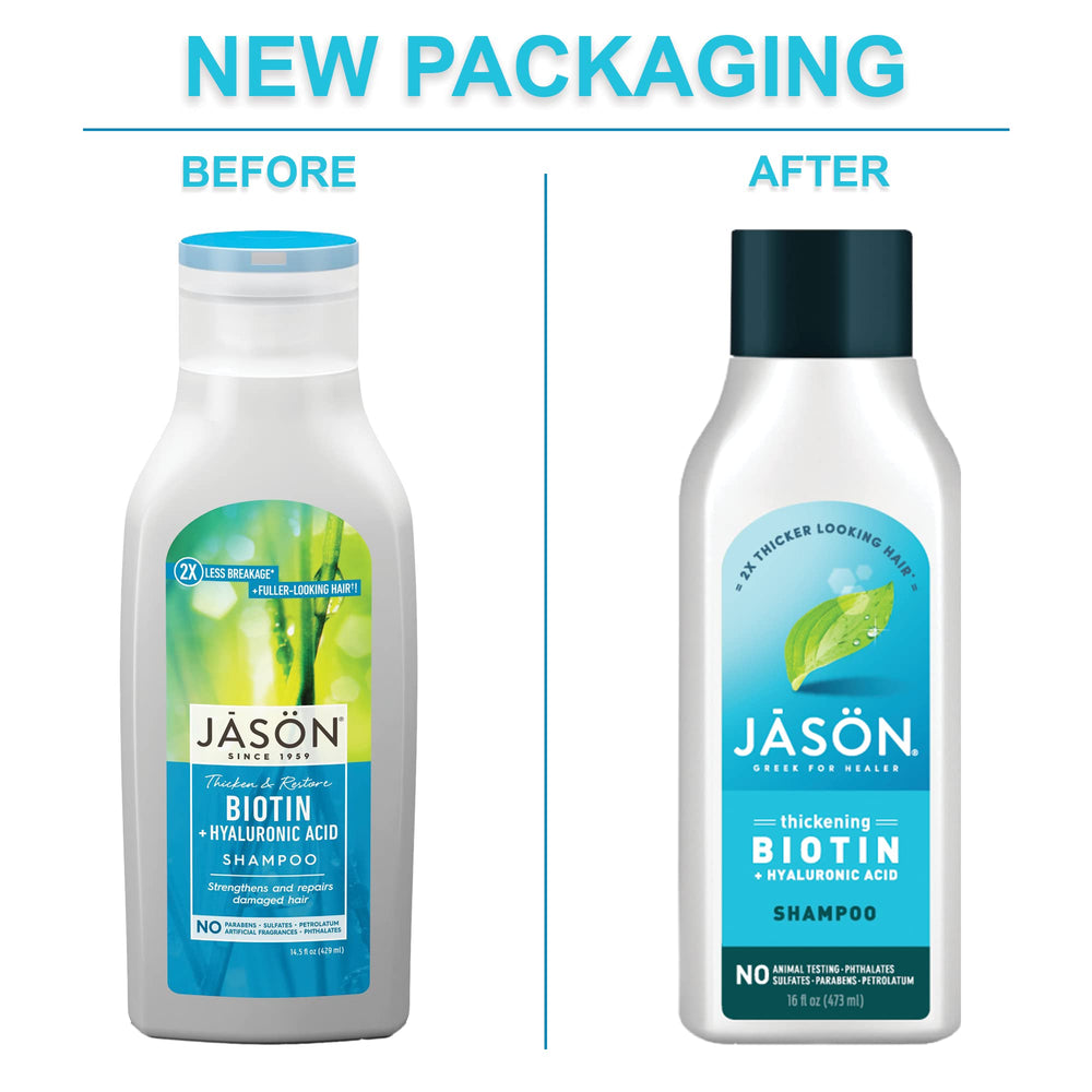 Jason Restorative Biotin Shampoo muestra ingredientes clave biotina y B5 para fortalecer el cabello.