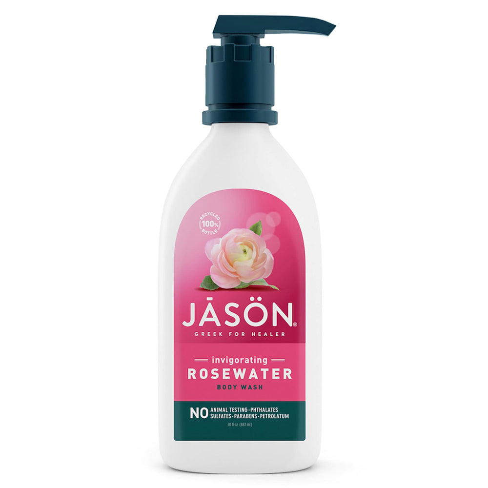 JASON Rosewater Body Wash en botella, ideal para ducha diaria suave.
