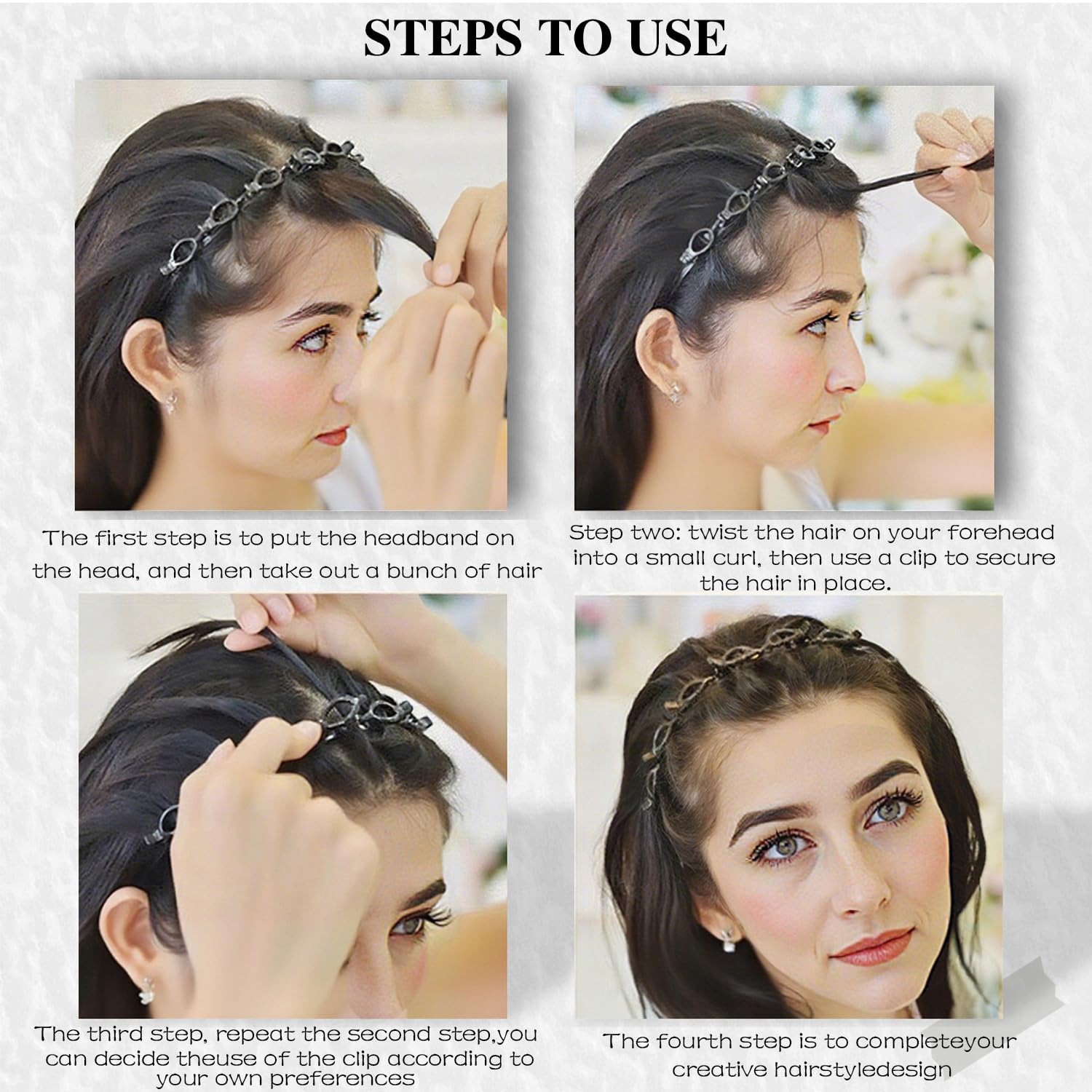 JASSINS headband features double-layer clips to secure bangs.