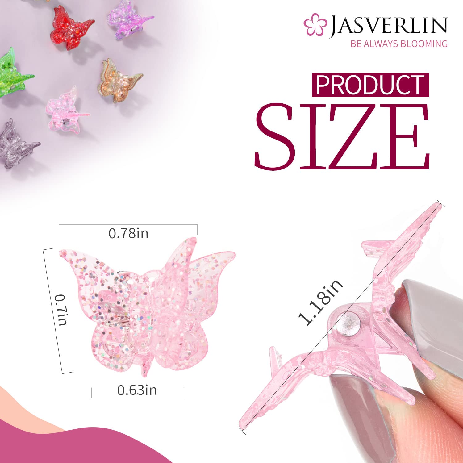 Pinza mariposa mini de JASVERLIN con brillo azul para sujetar cabello durante el trabajo.