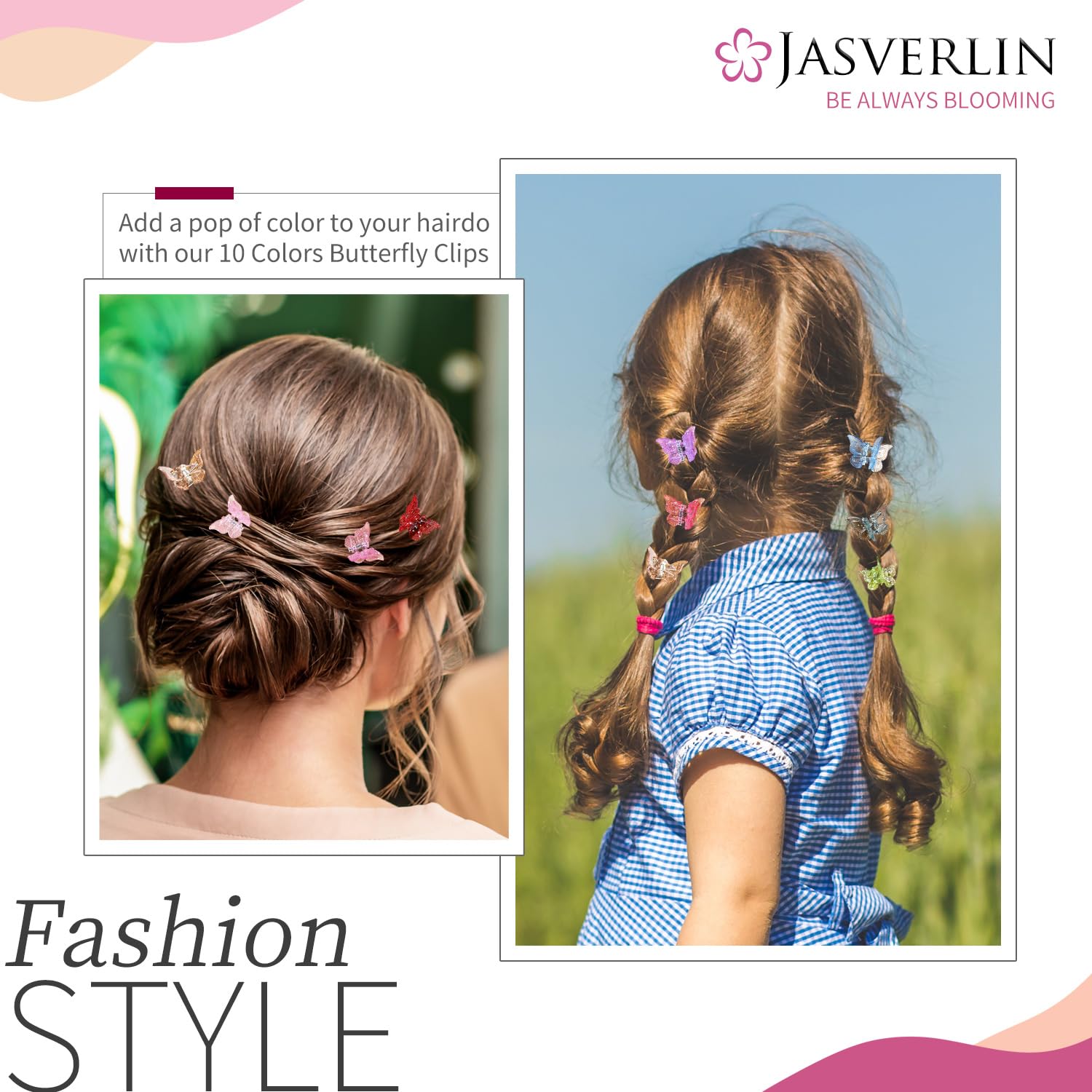 Pinza mariposa mini de JASVERLIN con brillo morado para looks desde casa.