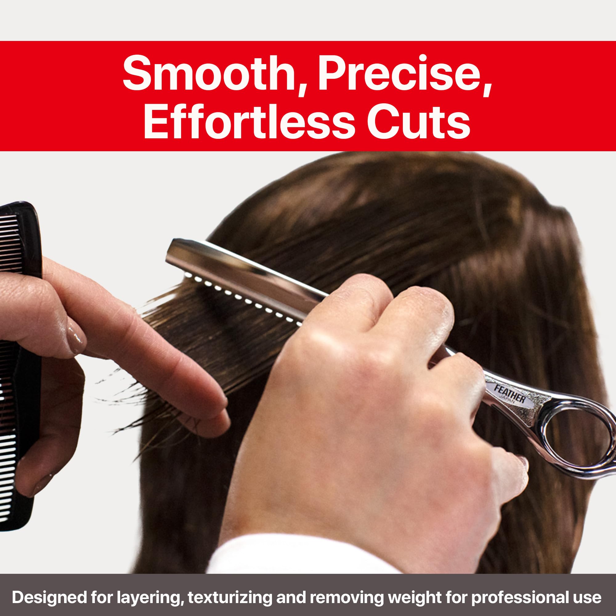 Jatai feathering blade in action for layered, textured hairstyles.