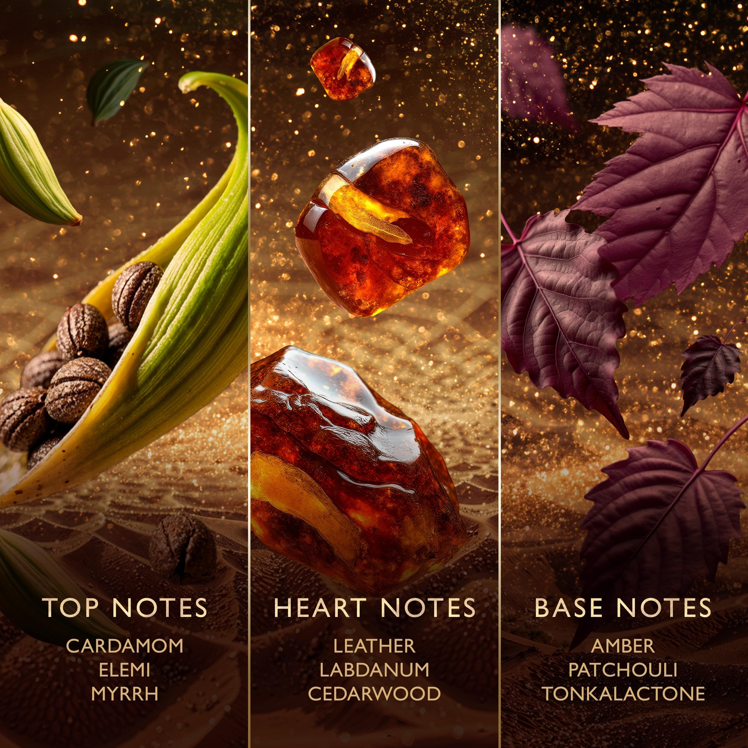 Base notes ambrostar-patchouli-tonkalactone create lasting amber glow