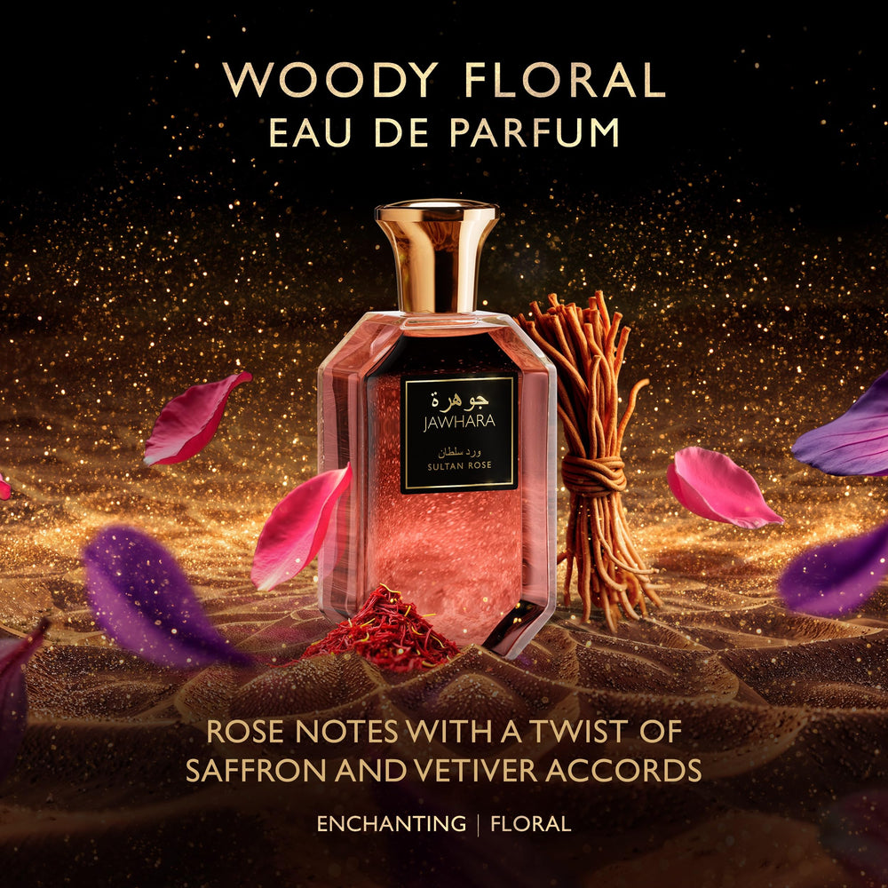 Jawhara Sultan Rose base notes image emphasizes vanilla incense and subtle musk