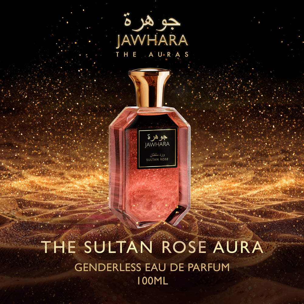 Jawhara Sultan Rose glass bottle with gold toned cap highlights premium presentation