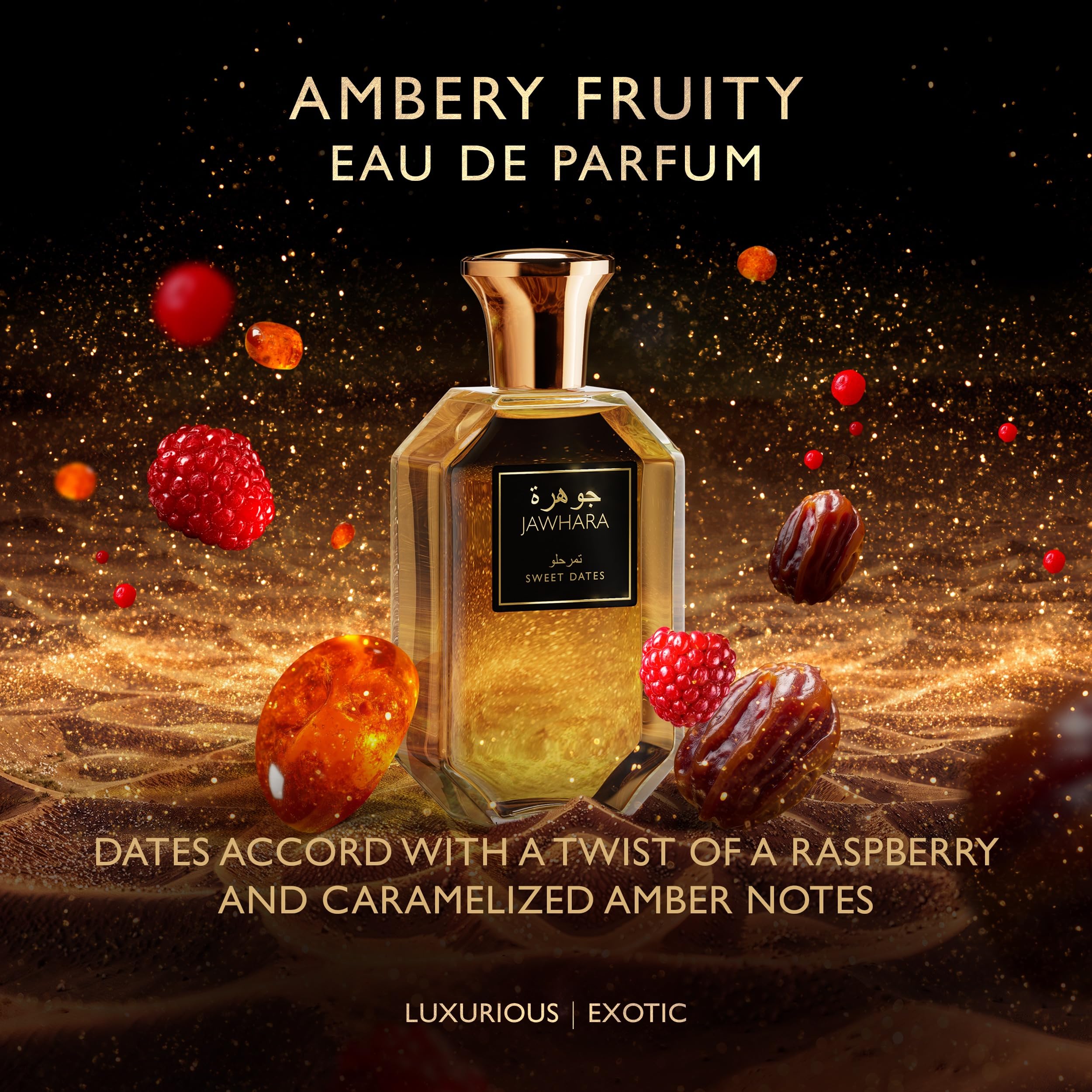 Jawhara Sweet Dates medjool dates accord detail, exotic richness for travel-friendly fragrance.