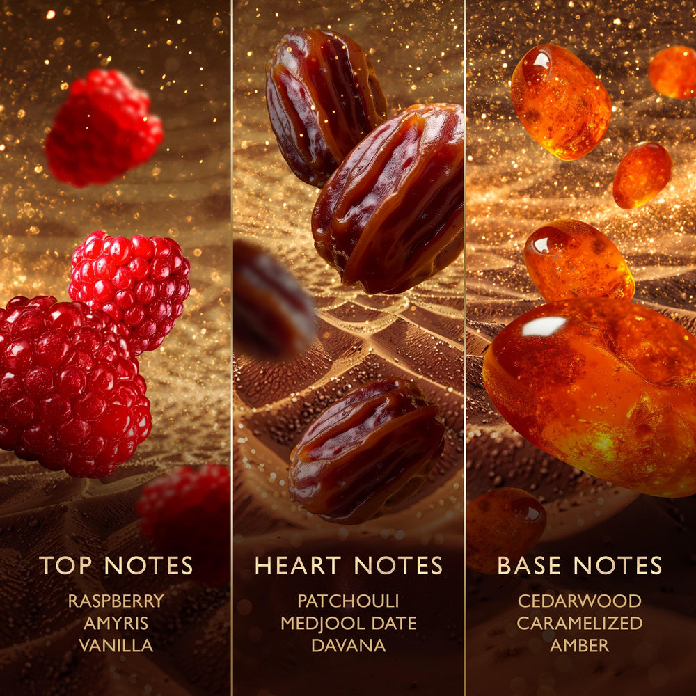 Jawhara Sweet Dates patchouli heart close-up, earthy depth for sophisticated evenings.
