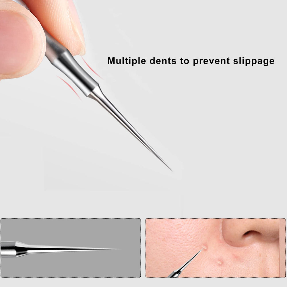 Jaxiria pointed blackhead removal tool angle view demonstrates easy use on the nose.