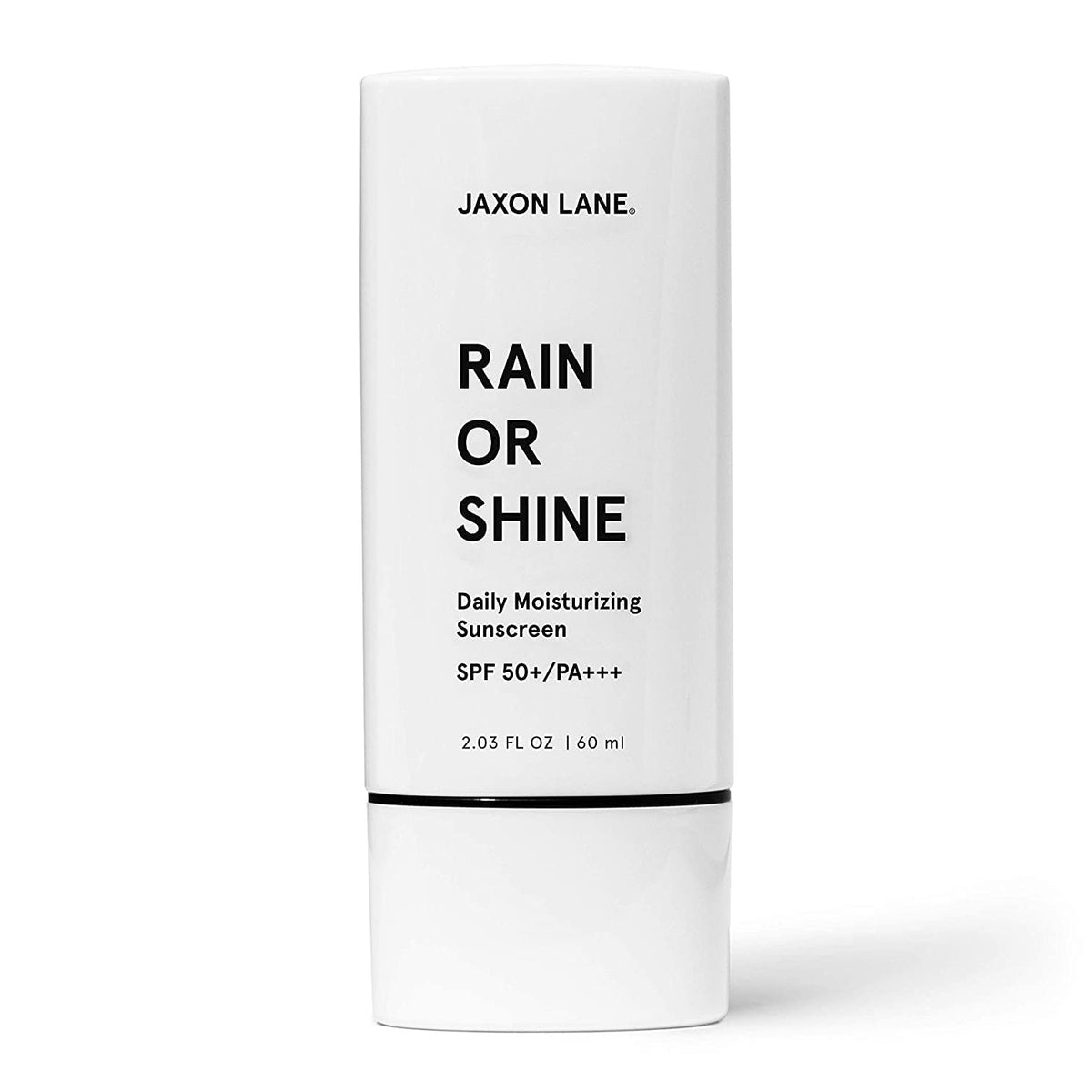 JAXON LANE Rain or Shine SPF 50 tube closeup, fragrance-free protection for sensitive skin.