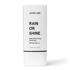 JAXON LANE Rain or Shine SPF 50 tube closeup, fragrance-free protection for sensitive skin.