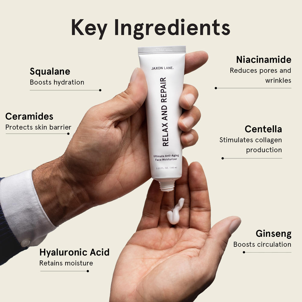 JAXON LANE Relax and Repair cream texture close-up, non-greasy hydration.
