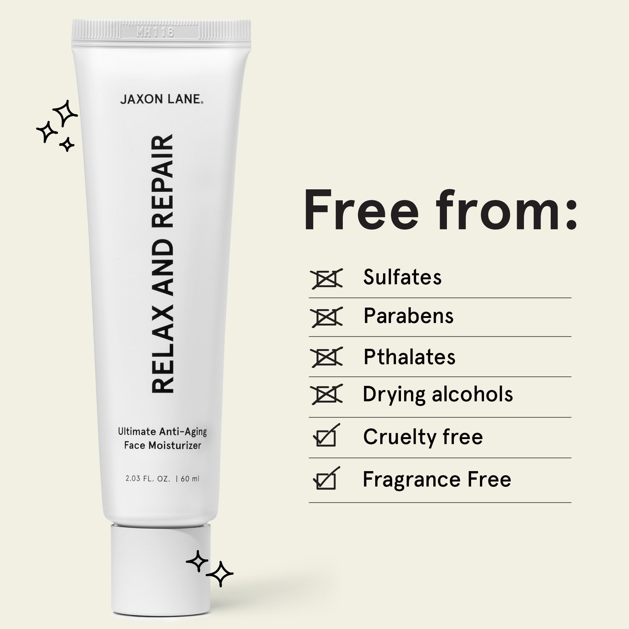 JAXON LANE Relax and Repair ingredient focus, niacinamide and hyaluronic acid benefits.