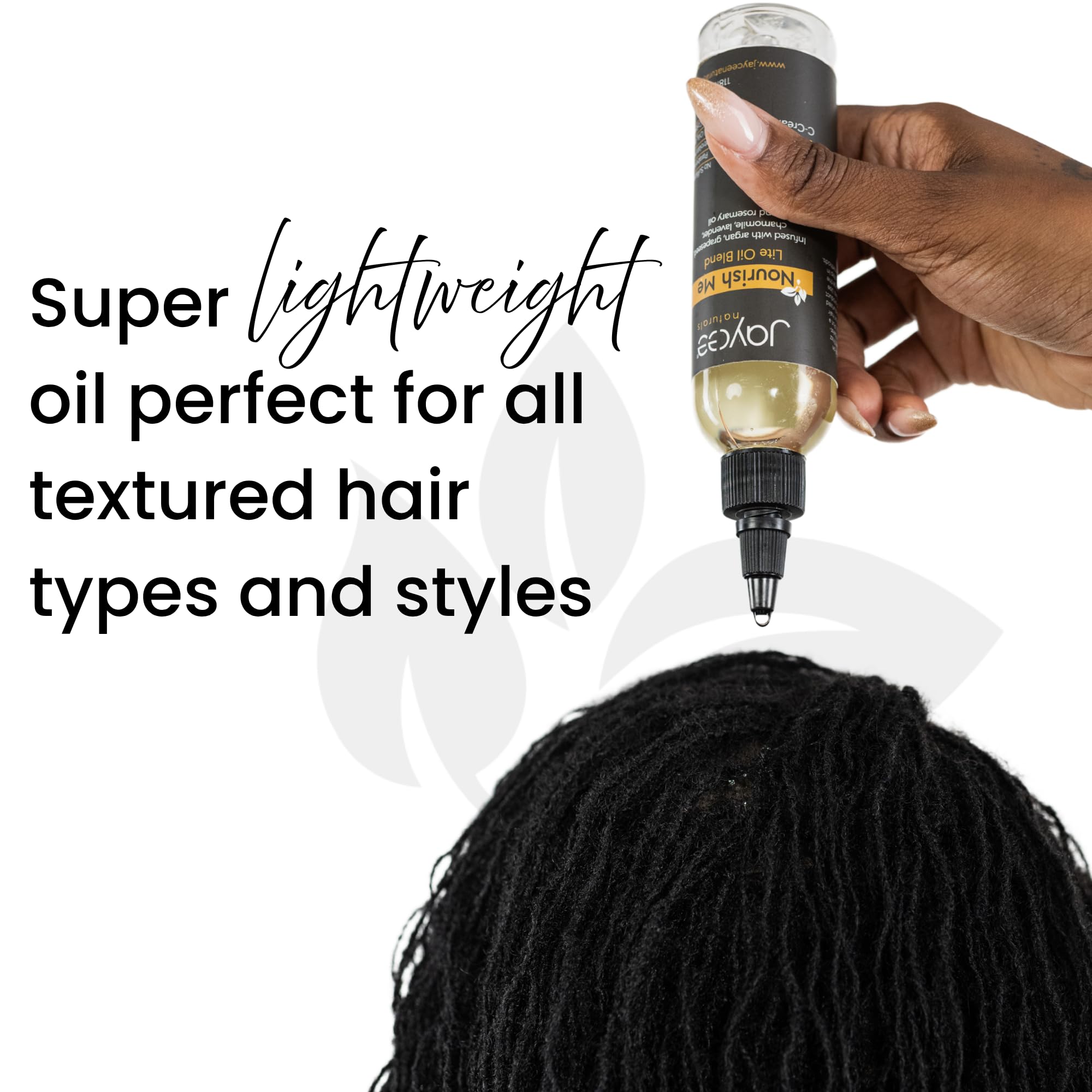 Lightweight oil bottle sealing moisture in locs for smooth shine