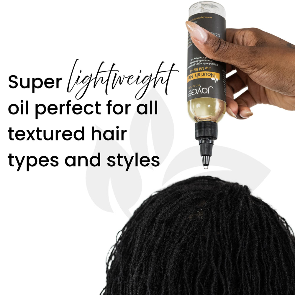 Lightweight oil bottle sealing moisture in locs for smooth shine