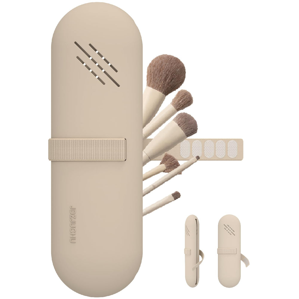 JDZJUCHU travel makeup brush holder front view in walnut for organized packing