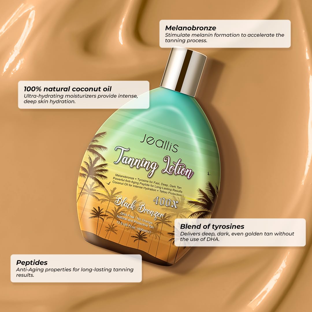 Packaging shows vegan, cruelty-free formula for sun and bed tanning.