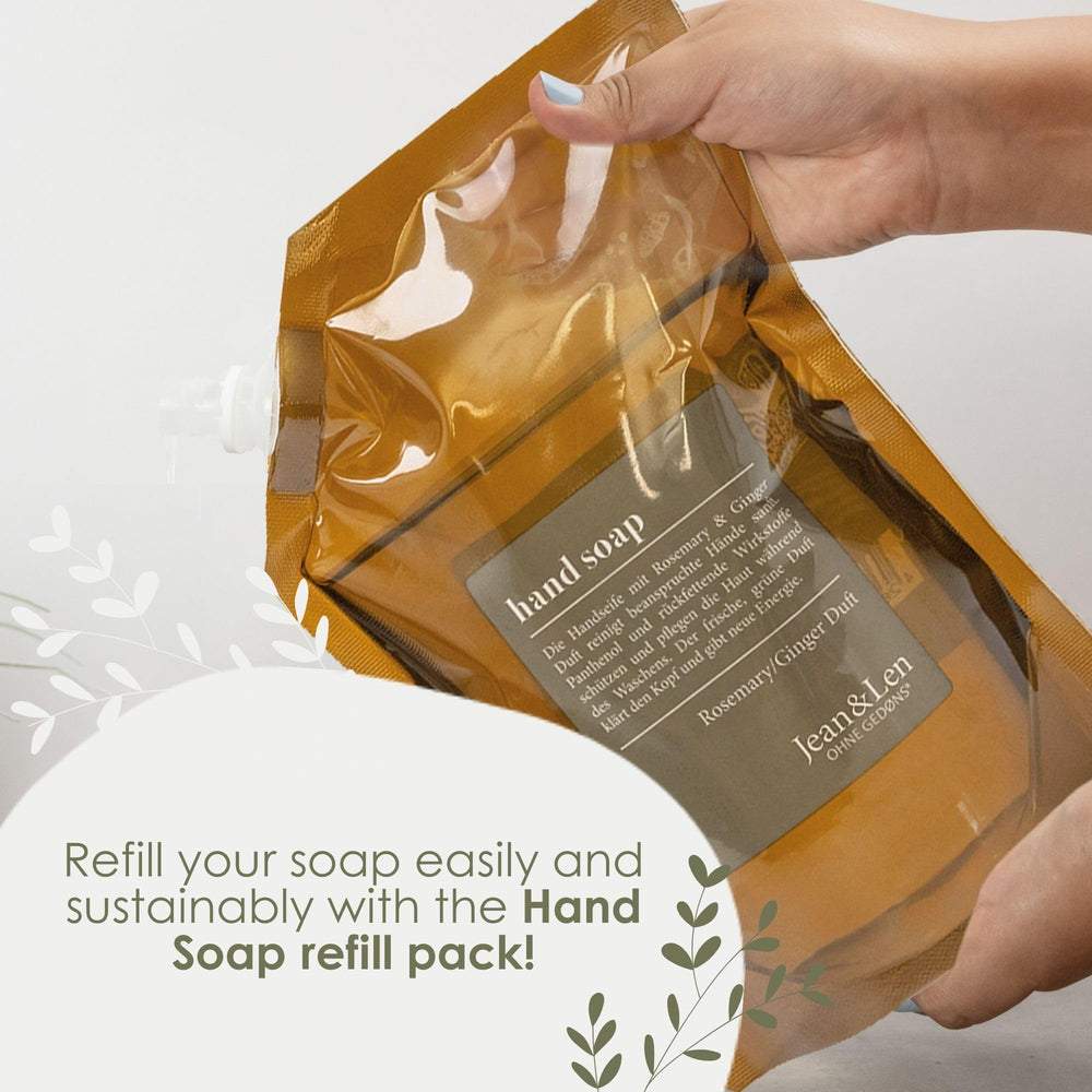 Daily-use Jean & Len Rosemary & Ginger hand soap in bathroom setting