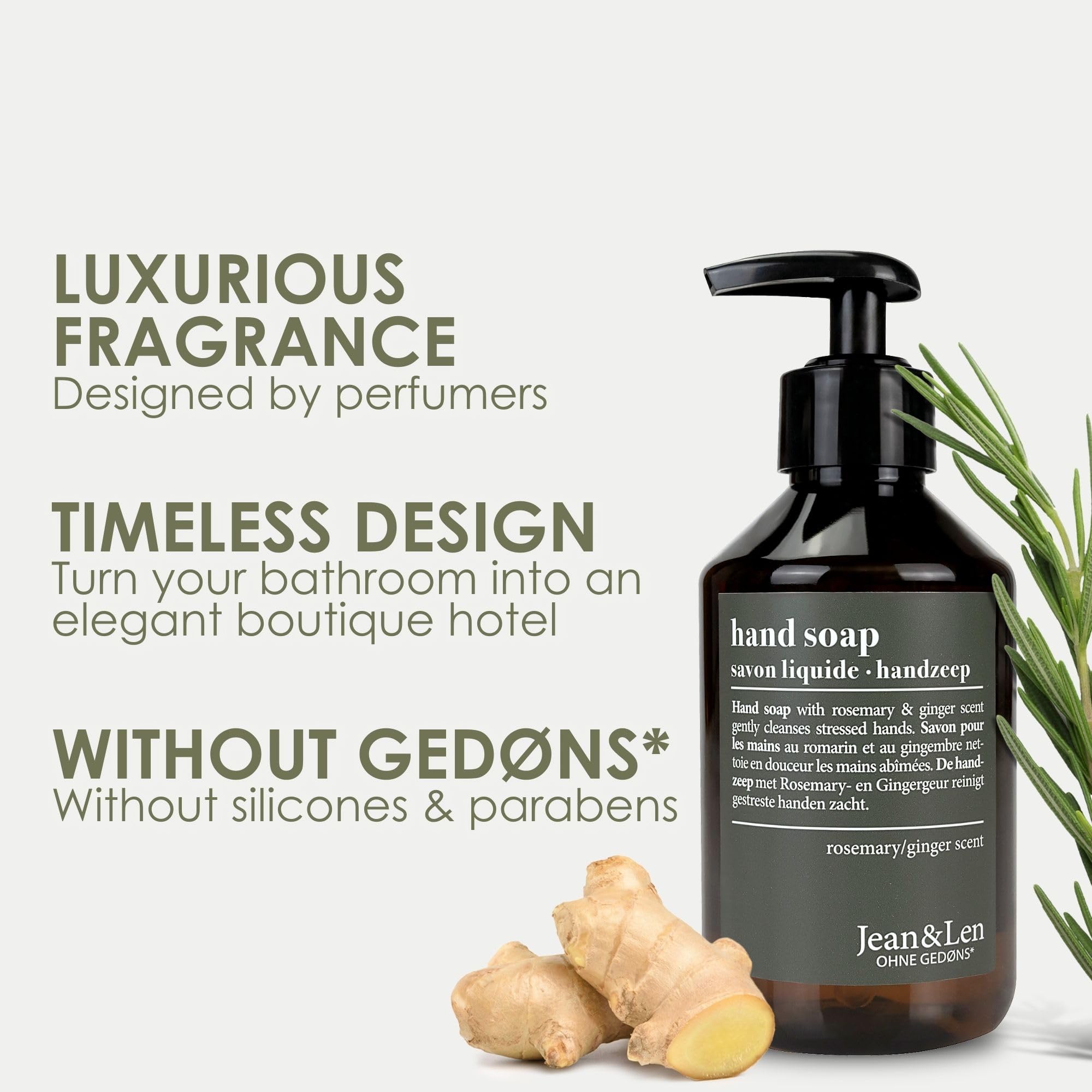 Closeup of Rosemary & Ginger fragrance in Jean & Len hand soap