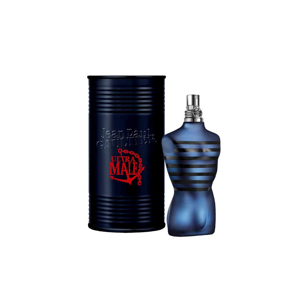 Jean Paul Gaultier Ultra Male bottle, torso shape in dark blue with stripes, bold evening fragrance.