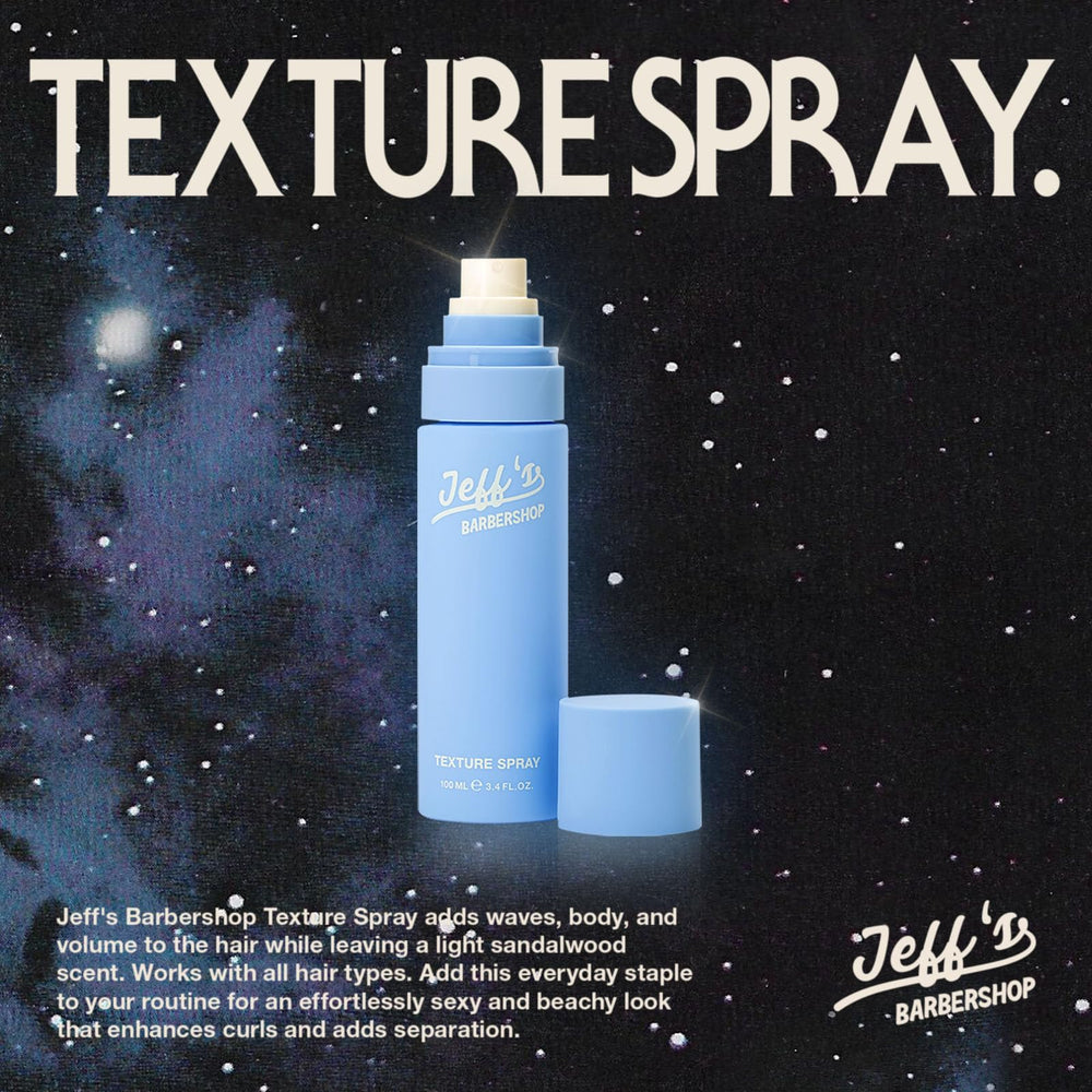 Jeff's Barbershop sea salt texture spray ingredients closeup highlights kelp and sea kale hydration.