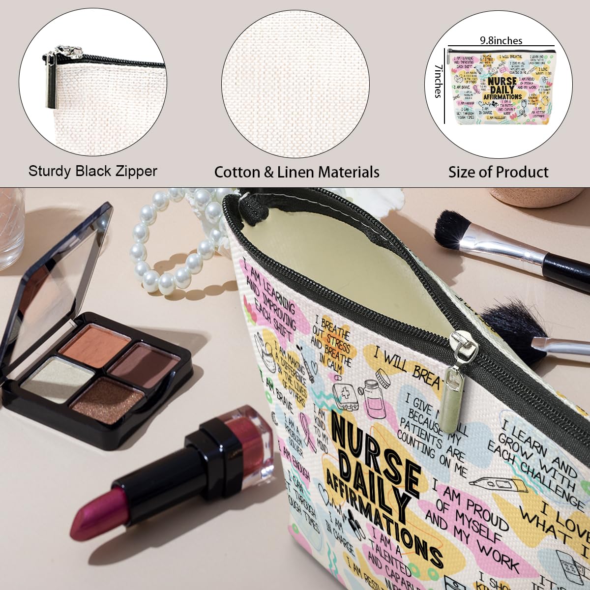 Jeilink Daily Affirmations makeup bag compact travel pouch for nurses and students.