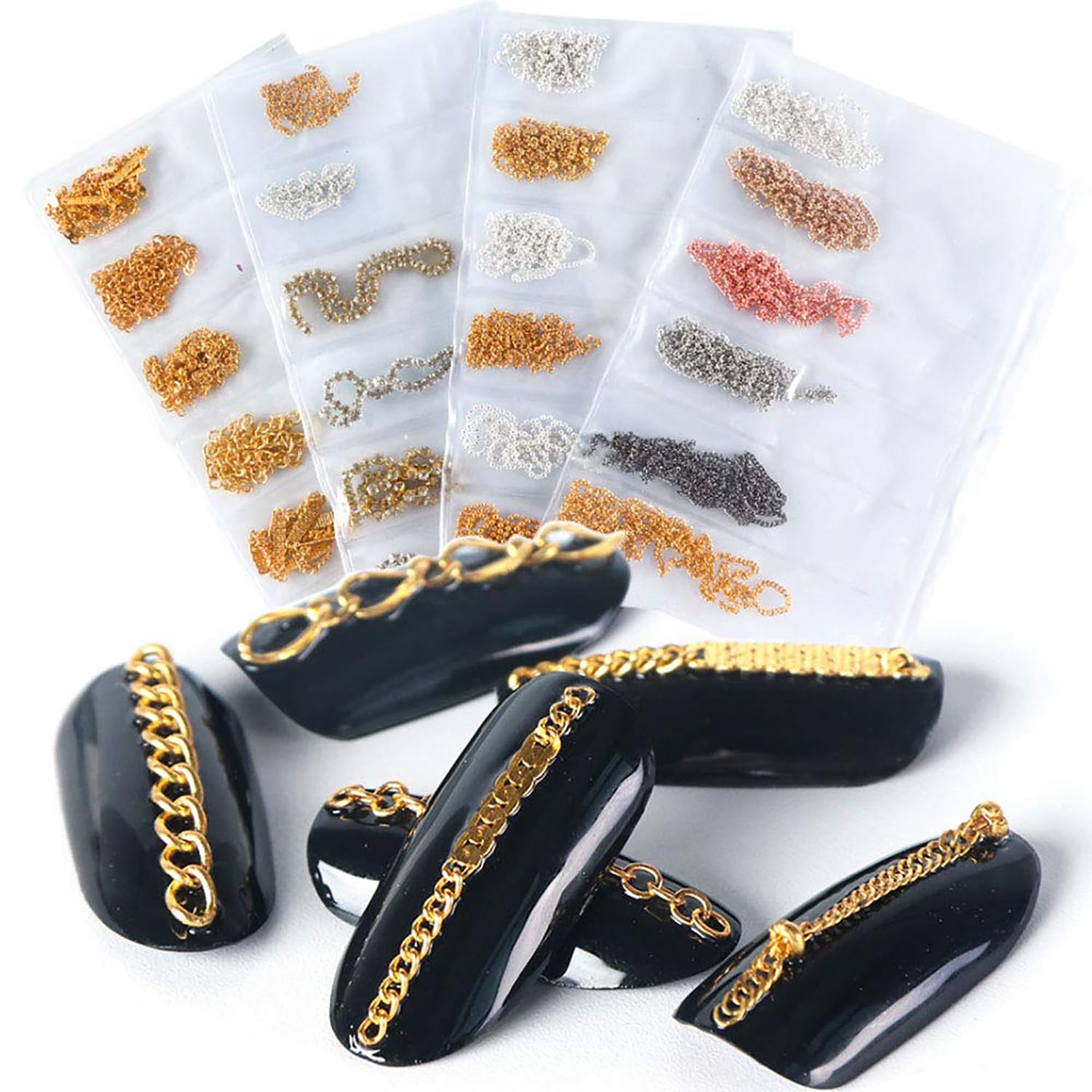 Jerclity cadena metálica para uñas en oro, fácil de cortar y aplicar.