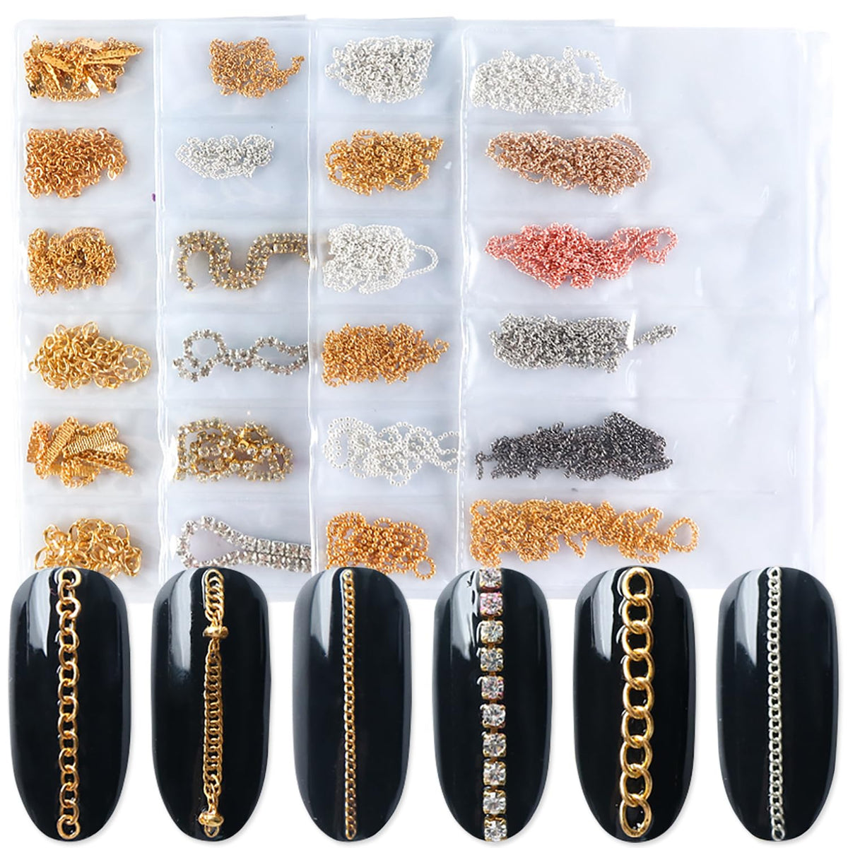 Jerclity cadenas para uñas en oro y plata para diseños brillantes.