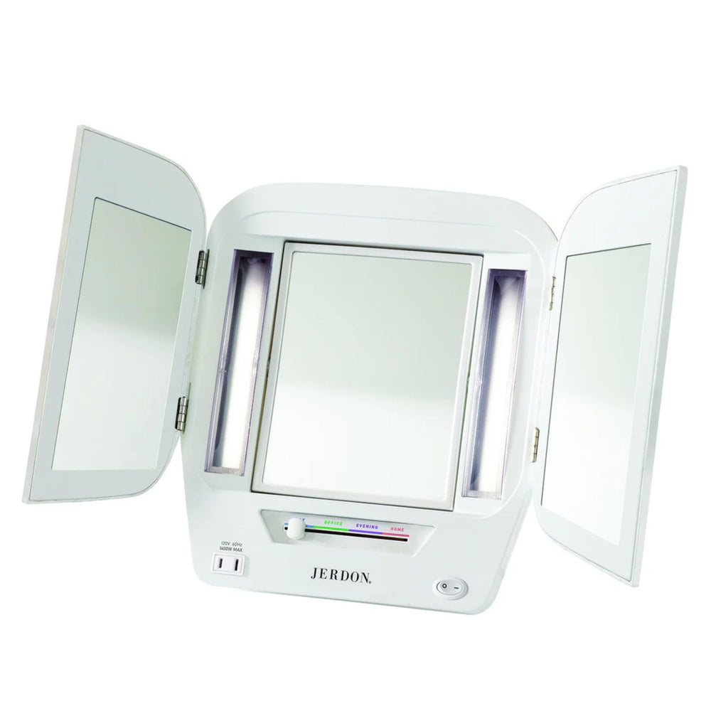 JERDON modern tri-fold makeup mirror with 5x magnification for precise grooming.