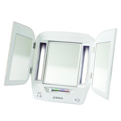 JERDON modern tri-fold makeup mirror with 5x magnification for precise grooming.
