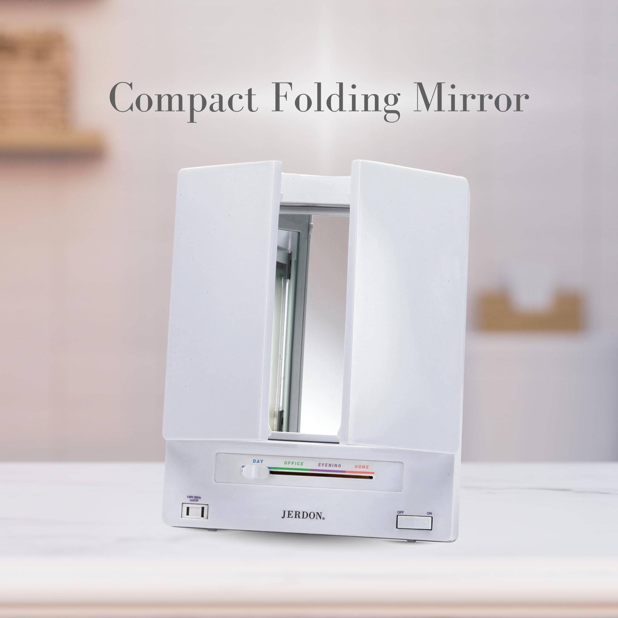 JERDON mirror with built-in outlet powering styling tools