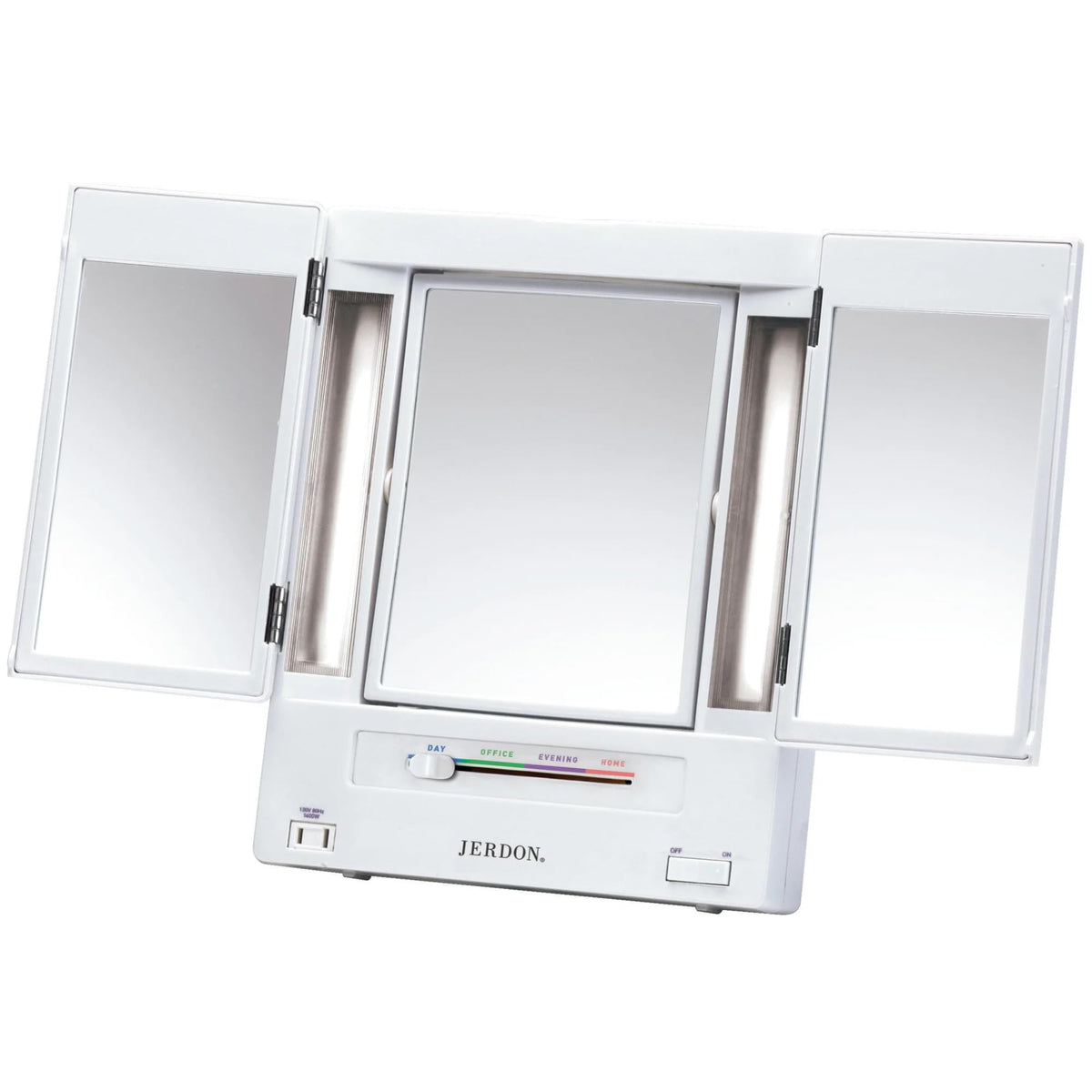 JERDON tri-fold makeup mirror front view with lights for complete makeup checks