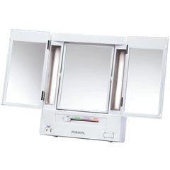 JERDON tri-fold makeup mirror front view with lights for complete makeup checks